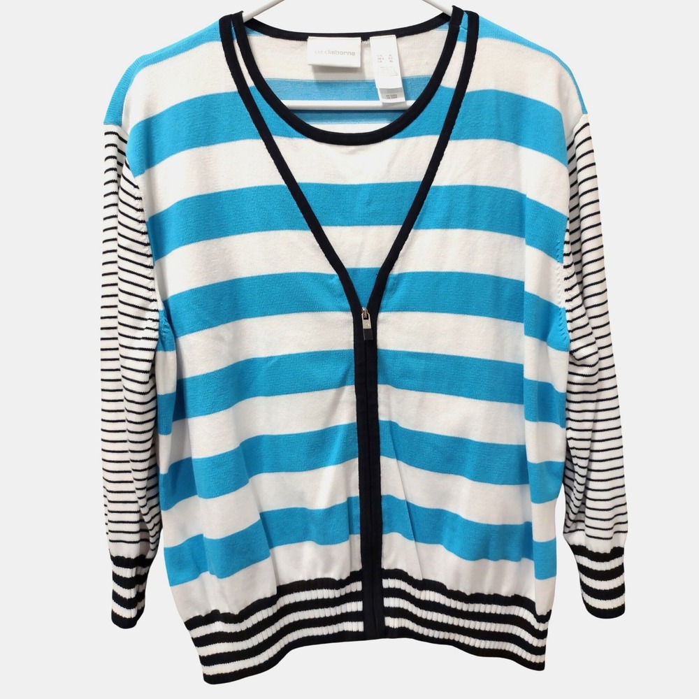 Liz Claiborne Striped Knit Cardigan & Shell Set XL‎ Blue White Black